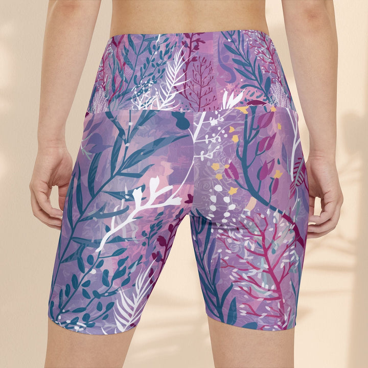 Sea Dragon Dreams purple seaweed print workout shorts with a high waistband and supportive polyester fabric.