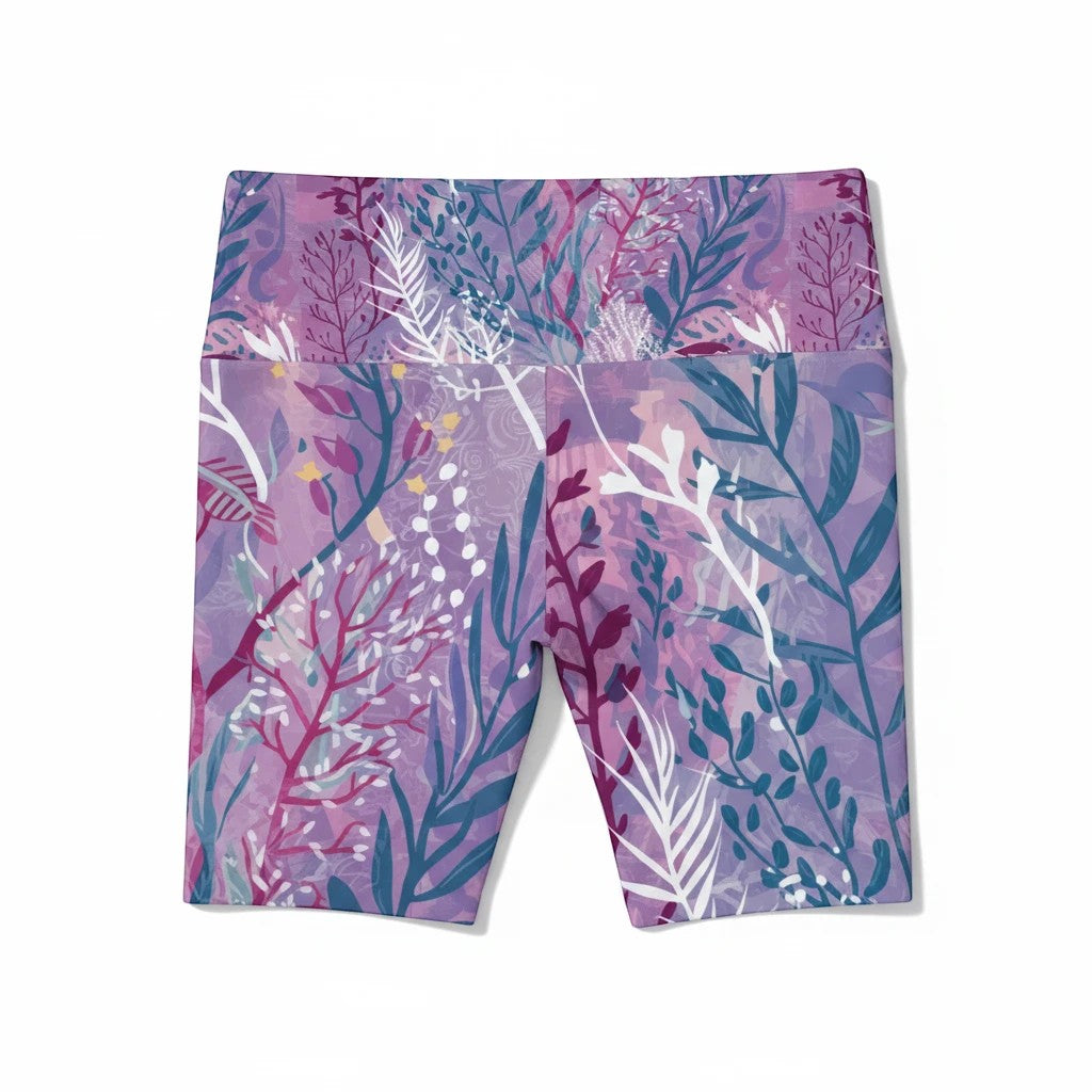 Sea Dragon Dreams purple workout shorts featuring a botanical seaweed print in lightweight polyester fabric.