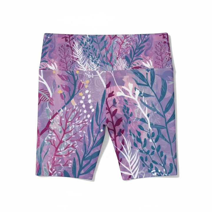 Sea Dragon Dreams purple workout shorts featuring a botanical seaweed print in lightweight polyester fabric.