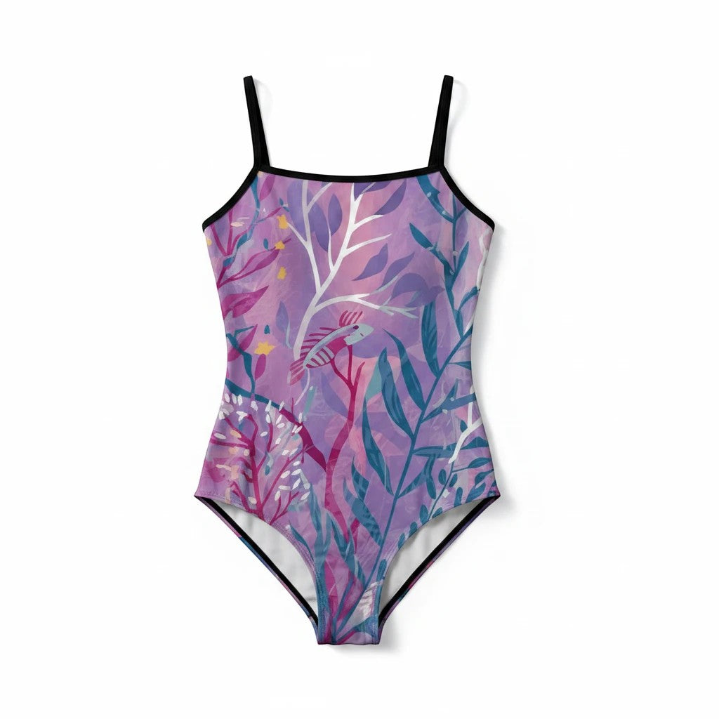 Sea Dragon Dreams purple seaweed print women's swimsuit with black straps and supportive elastic chest band.