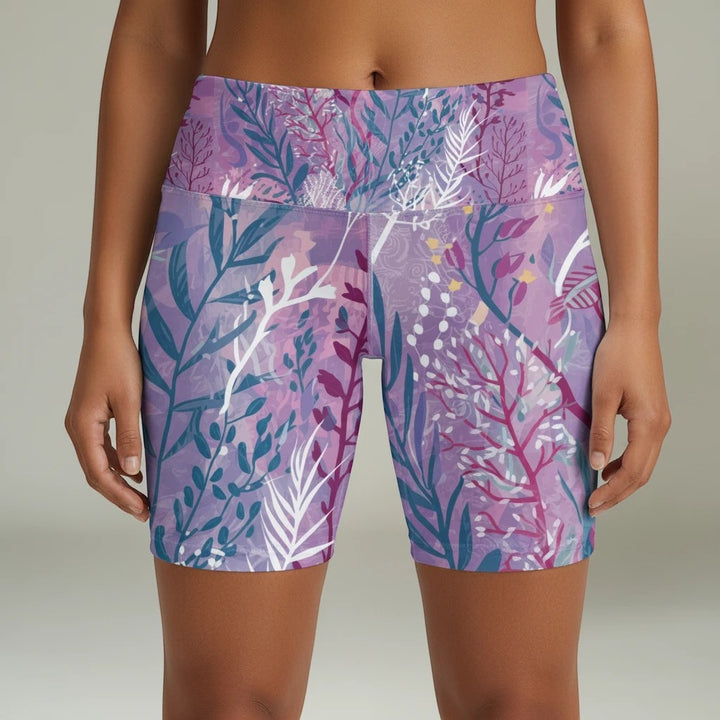 Sea Dragon Dreams purple seaweed print workout shorts with a flattering high-waisted fit for activewear.
