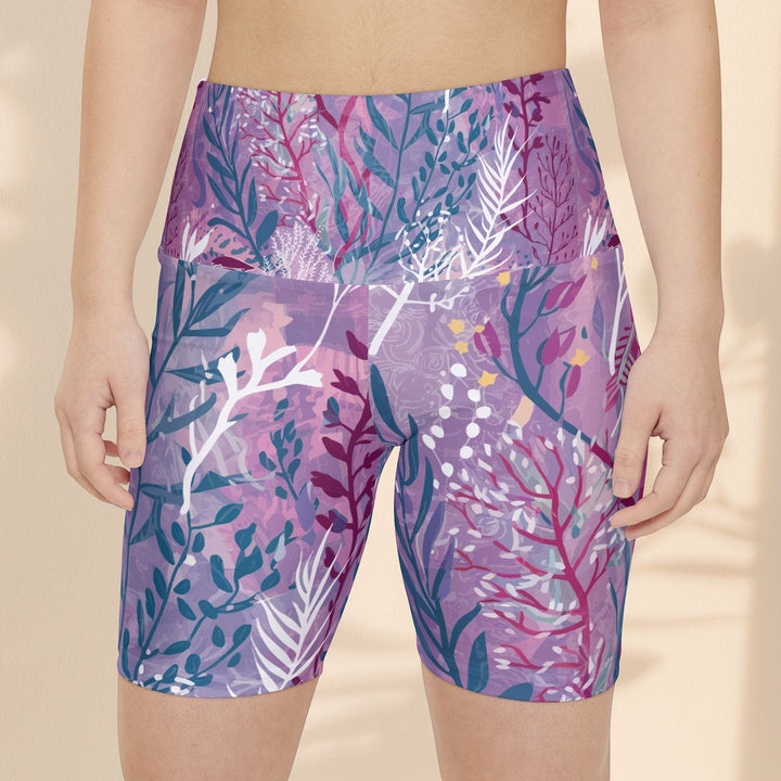 Sea Dragon Dreams purple seaweed print workout shorts with high-waisted fit and 4-way stretch polyester fabric.