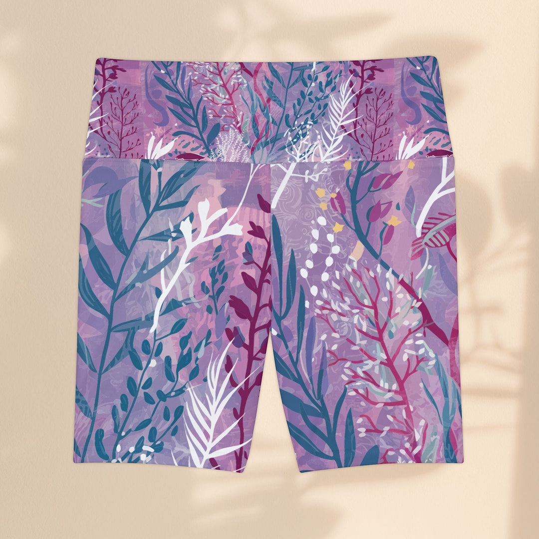 Sea Dragon Dreams purple seaweed print workout shorts in lightweight polyester with a high-waisted fit.