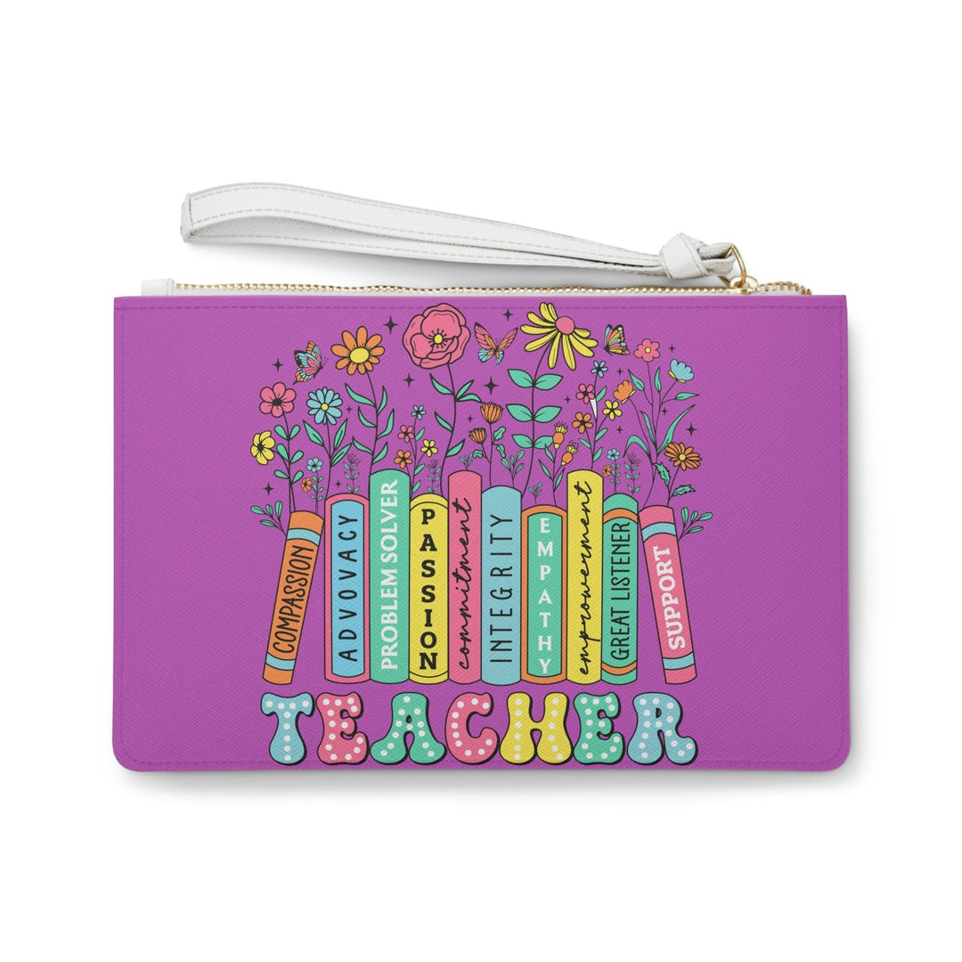 Sea Dragon Dreams purple faux leather clutch bag with a colorful teacher appreciation book design and wrist strap.