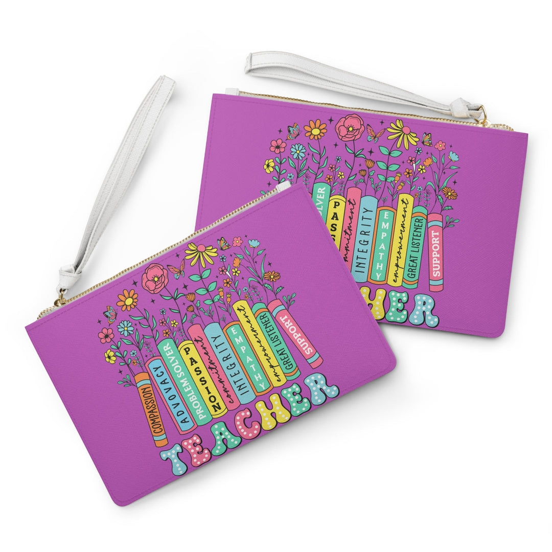 Sea Dragon Dreams purple faux leather clutch bag with a colorful teacher appreciation book and floral design
