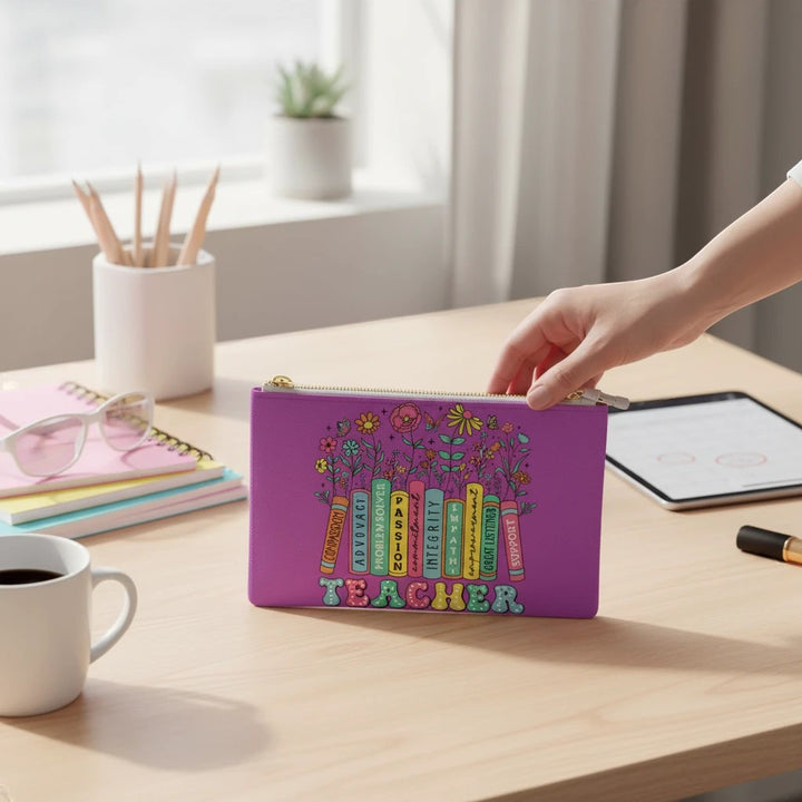 Sea Dragon Dreams purple faux leather clutch bag with a colorful teacher appreciation design on a desk.
