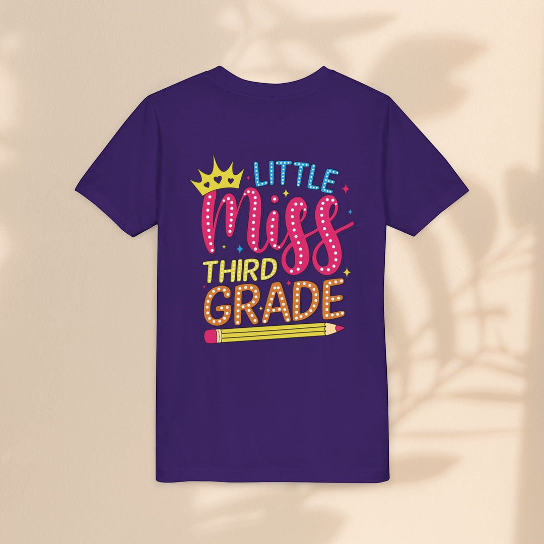 Sea Dragon Dreams purple youth t-shirt with Little Miss Third Grade graphic featuring a crown and pencil design.
