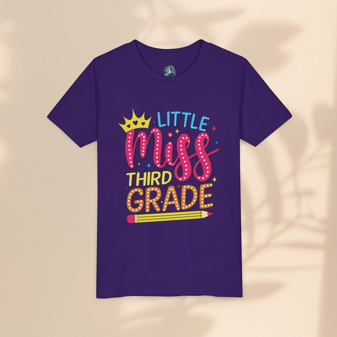 Sea Dragon Dreams Little Miss Third Grade youth tee in purple cotton with a colorful graphic and pencil illustration