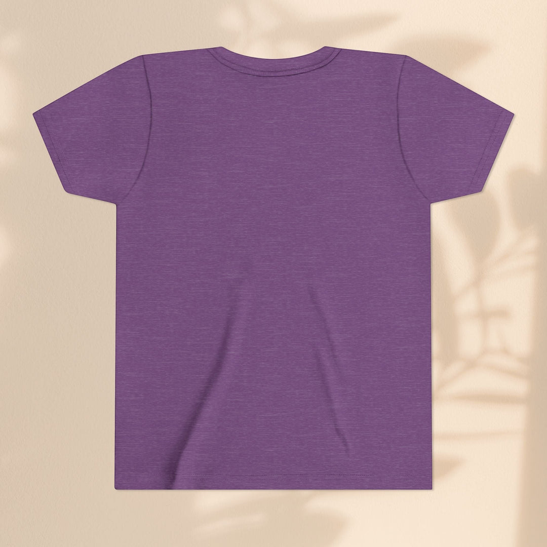 Sea Dragon Dreams purple youth t-shirt, back view, soft cotton blend fabric with ribbed collar.