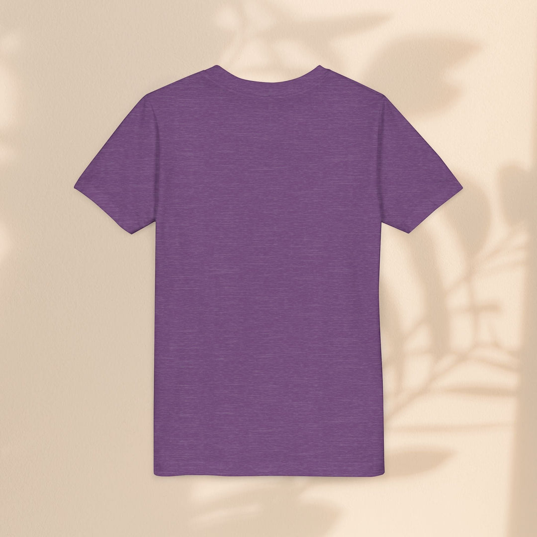 Sea Dragon Dreams purple youth t-shirt, back view, soft cotton blend fabric with a solid heathered finish.