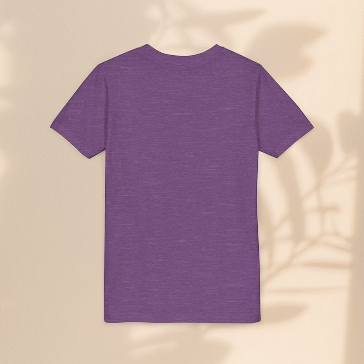 Sea Dragon Dreams purple youth t-shirt, back view, soft cotton blend fabric with a solid heathered finish.