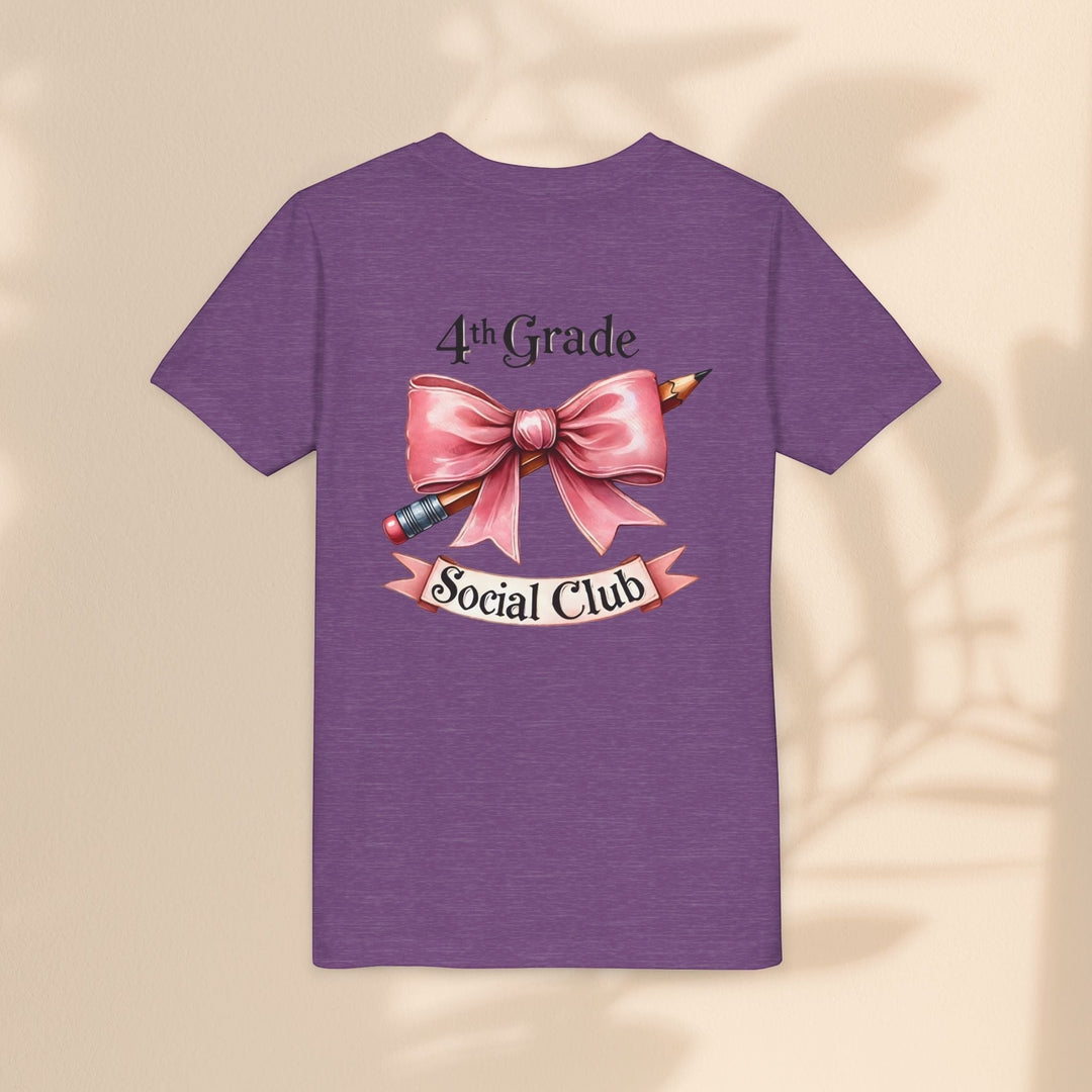 Sea Dragon Dreams purple youth cotton t-shirt with 4th Grade Social Club pencil and bow graphic on the back