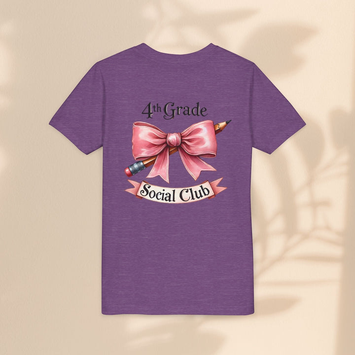 Sea Dragon Dreams purple youth cotton t-shirt with 4th Grade Social Club pencil and bow graphic on the back