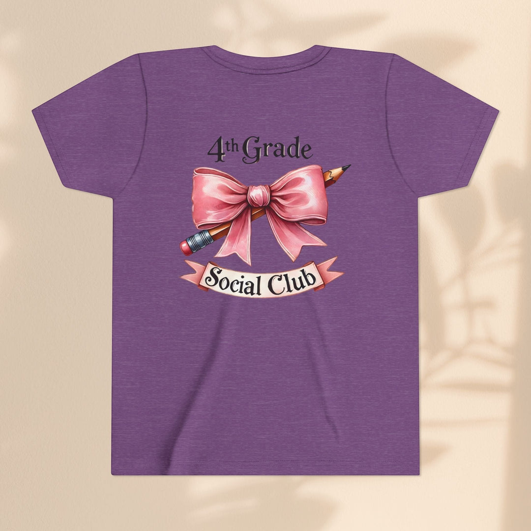 Sea Dragon Dreams purple youth short sleeve cotton tee with 4th Grade Social Club pencil and bow graphic print