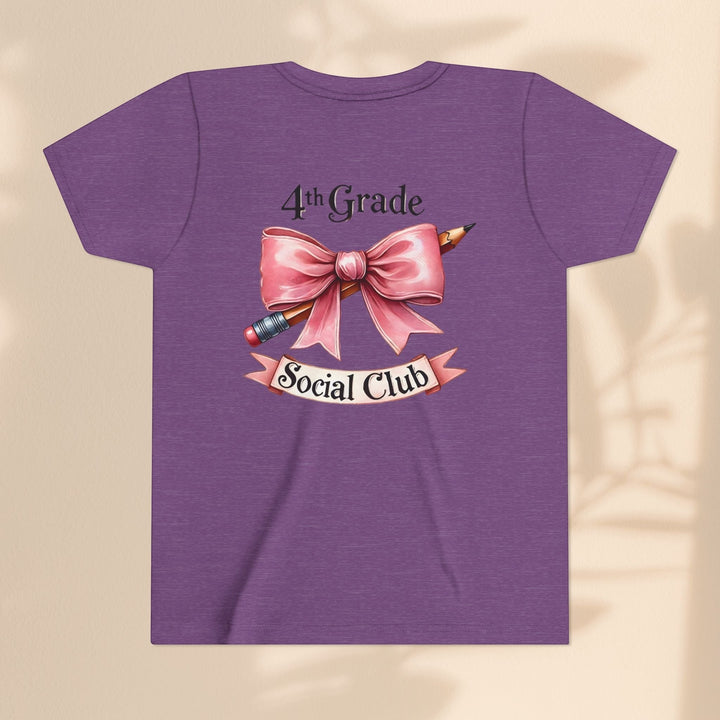 Sea Dragon Dreams purple youth short sleeve cotton tee with 4th Grade Social Club pencil and bow graphic print