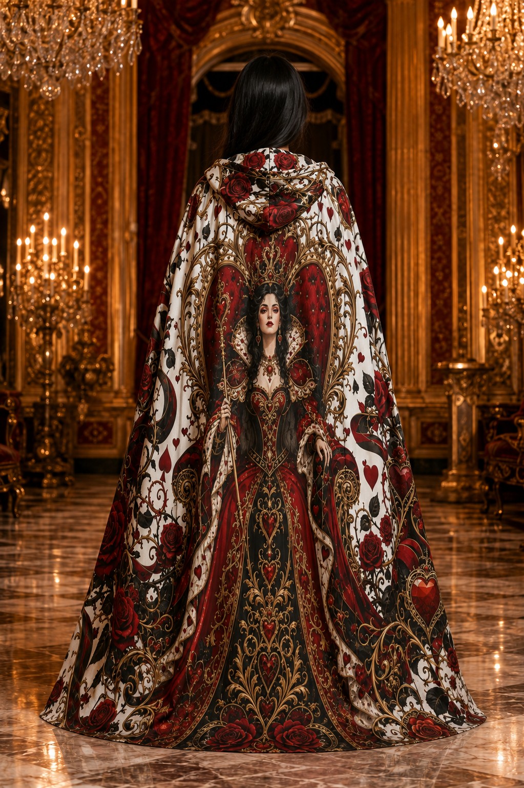Sea Dragon Dreams hooded cloak featuring Queen of Hearts playing card artwork, red roses, and ornate gold details.