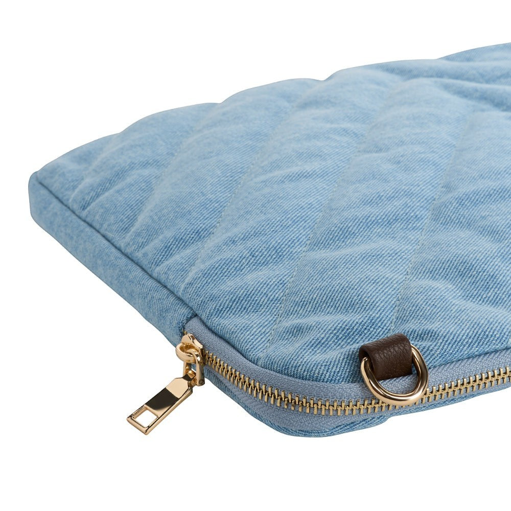Sea Dragon Dreams light blue quilted denim laptop sleeve with gold zipper and brown leather accent