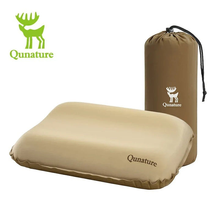 Sea Dragon Dreams Qunature self-inflating camping pillow in beige with 3D sponge support and matching storage bag