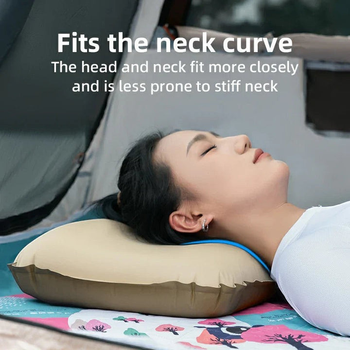 Sea Dragon Dreams Qunature self-inflating camping pillow with 3D elastic sponge support under a woman's head in a tent