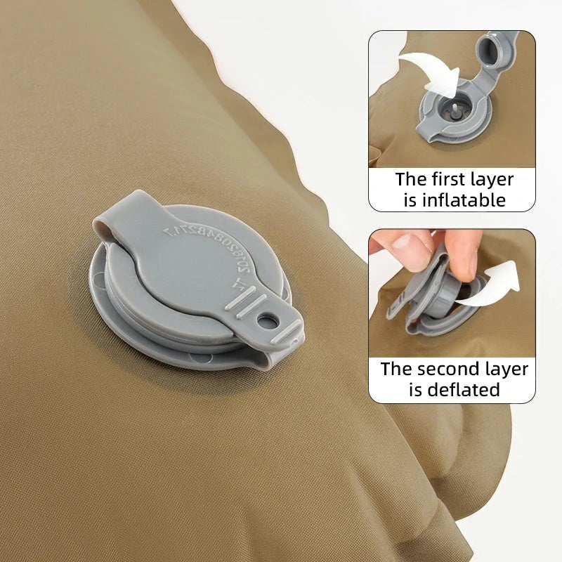 Sea Dragon Dreams Qunature self-inflating camping pillow showing the double-layer air valve for inflation and deflation