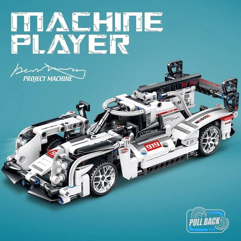 Sea Dragon Dreams 504-piece white and black racing car building block set with pull-back action and detailed decals.