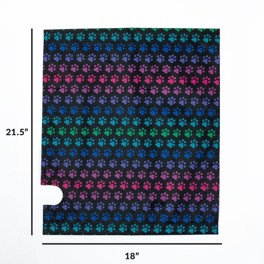 Sea Dragon Dreams magnetic mailbox cover featuring a vibrant rainbow paw print pattern on a black fabric background.