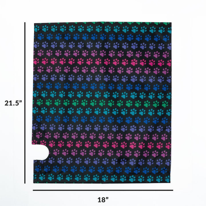 Sea Dragon Dreams magnetic mailbox cover featuring a vibrant rainbow paw print pattern on a black fabric background.