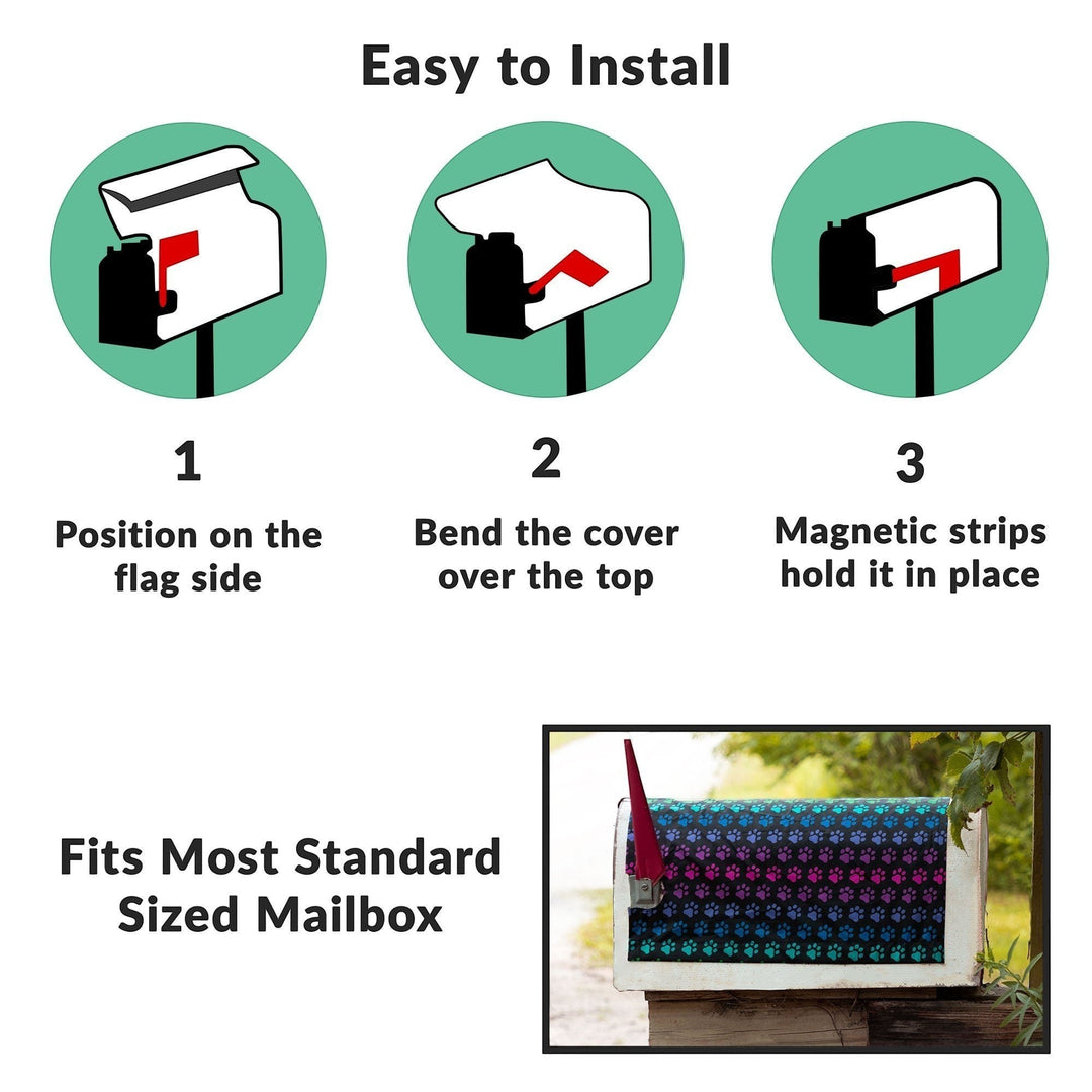 Sea Dragon Dreams magnetic mailbox cover with rainbow paw print pattern, shown with three-step installation guide.