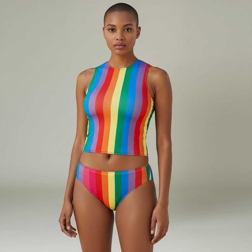 Sea Dragon Dreams high-neck rainbow striped bikini with a sleeveless top and high-rise bottoms on a model