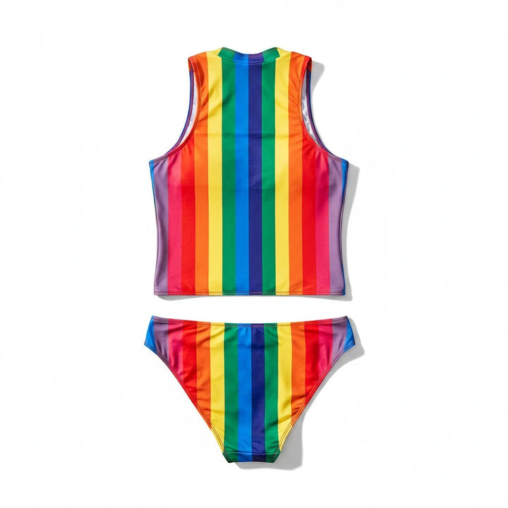 Sea Dragon Dreams rainbow striped sleeveless high-neck bikini set with high-rise bottoms in stretchy polyester blend