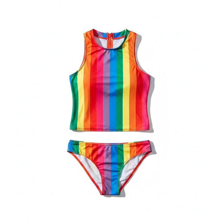Sea Dragon Dreams rainbow striped high-neck bikini with a front zipper and high-rise bottoms in stretchy fabric.
