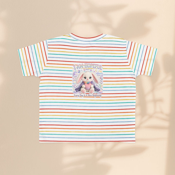Sea Dragon Dreams toddler tee with rainbow stripes and Hope Bunny graphic featuring the text I Am Hopeful