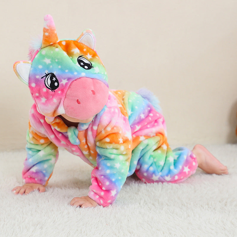 Sea Dragon Dreams rainbow unicorn hooded flannel onesie for babies with star pattern and soft polyester fabric