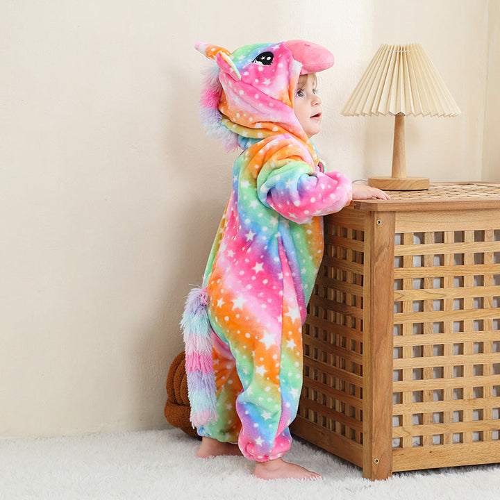 Sea Dragon Dreams rainbow unicorn onesie for toddlers with star print, soft flannel fabric, and attached character hood