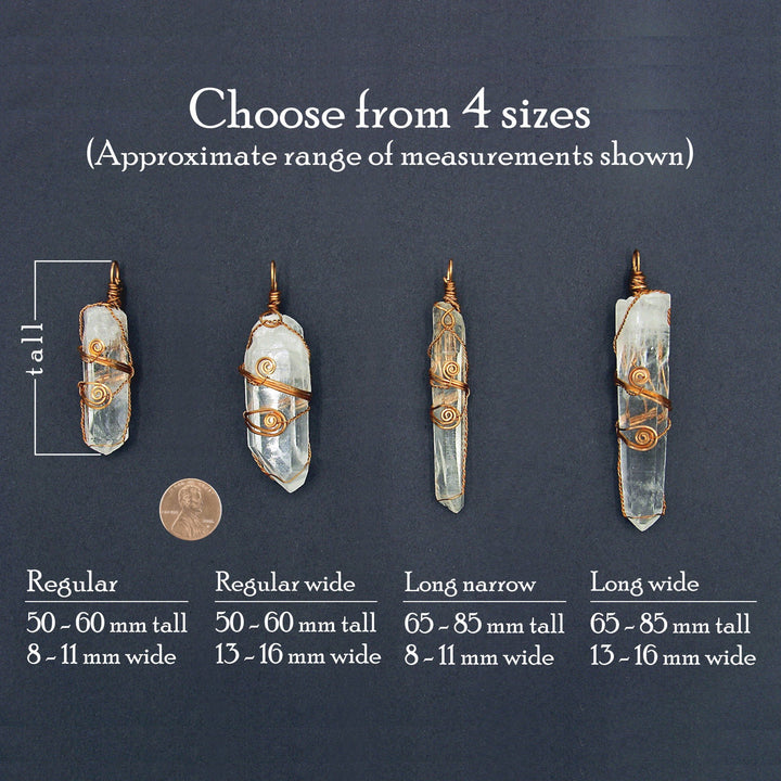 Sea Dragon Dreams raw quartz crystal pendants in four sizes, wire-wrapped in rustic copper for a handmade artisan look.
