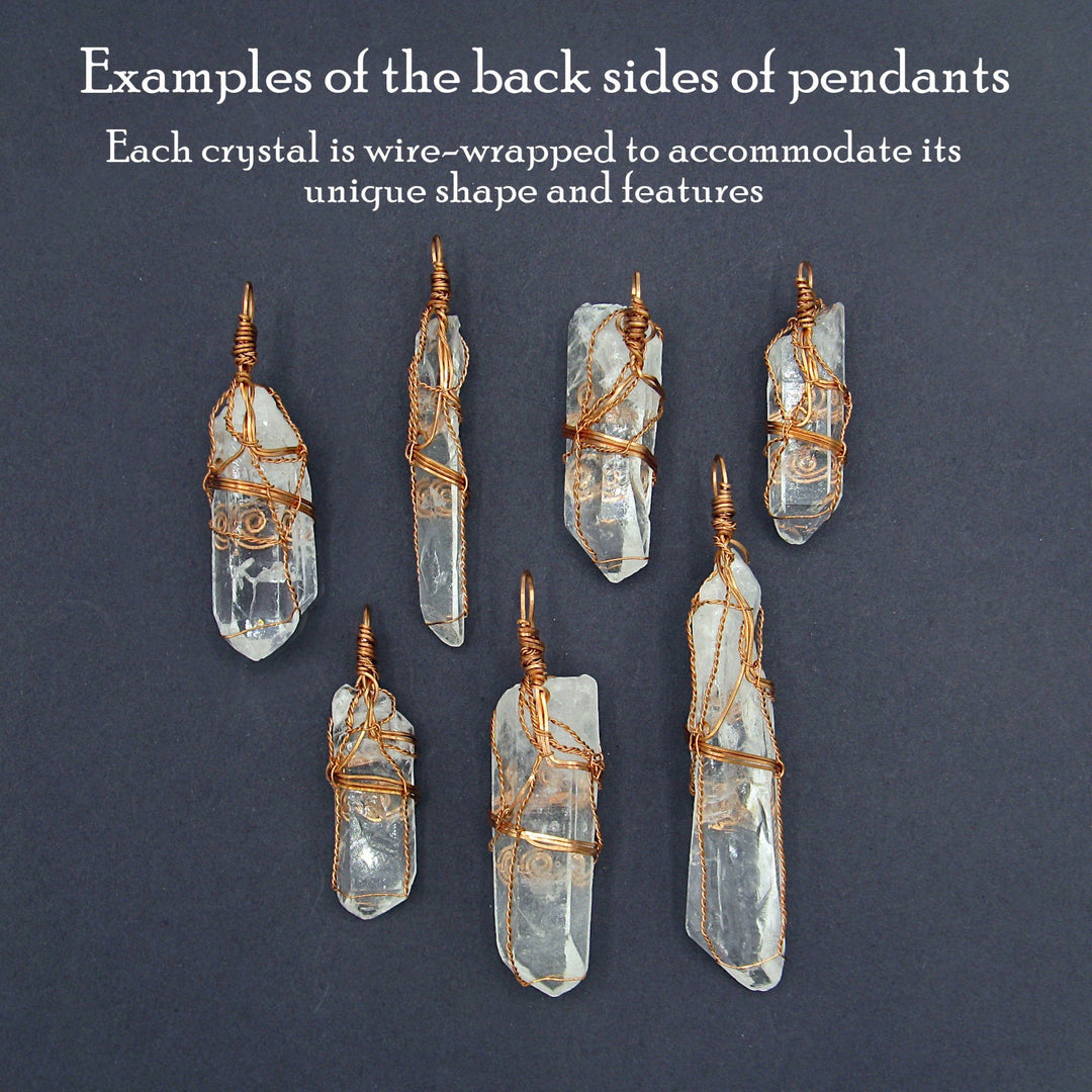 Sea Dragon Dreams raw quartz crystal pendants with hand-wrapped copper wire, showing unique back side designs.