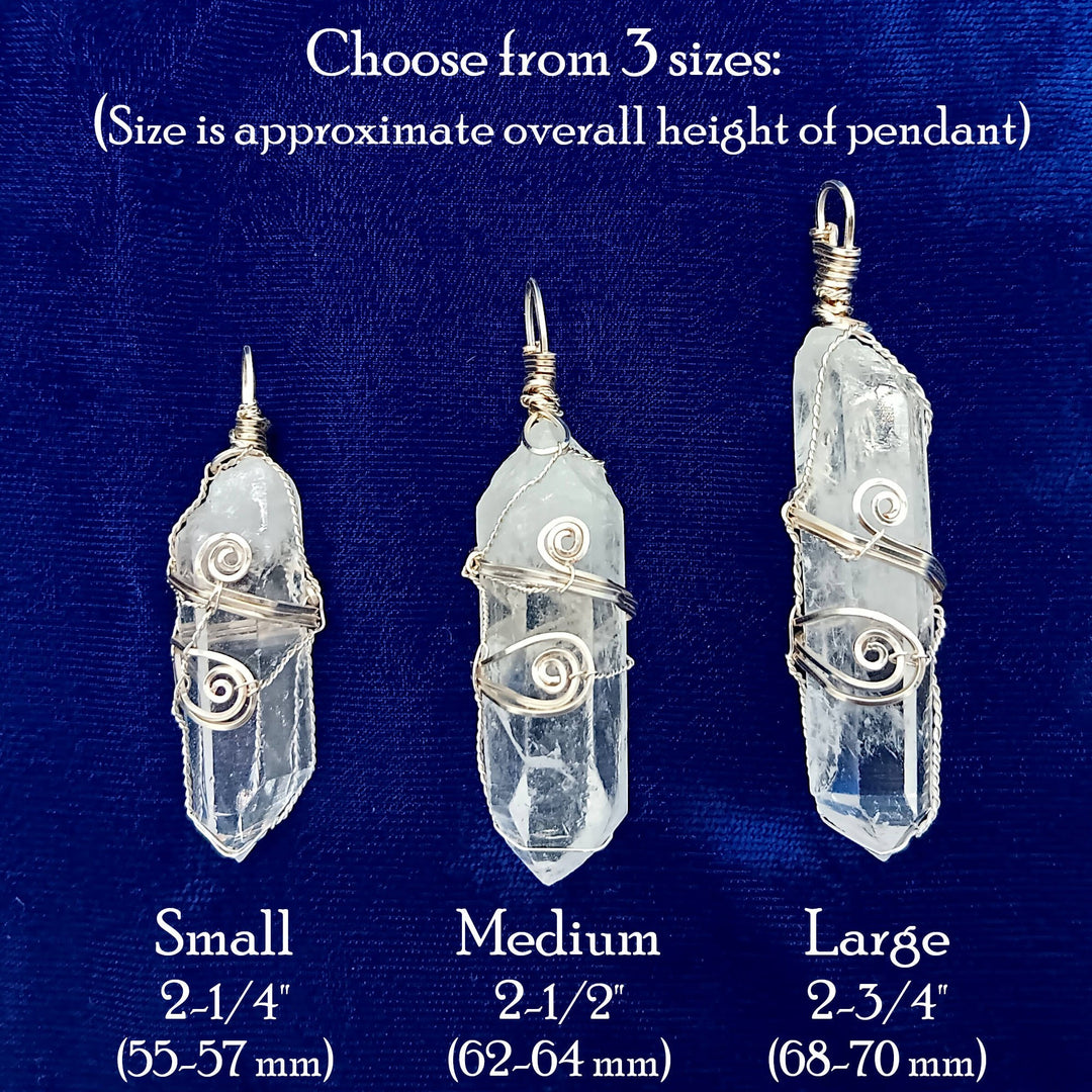 Sea Dragon Dreams raw clear quartz crystal pendants in small, medium, and large sizes with silver-plated wire wrapping.