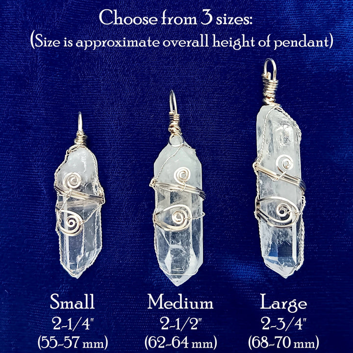 Sea Dragon Dreams raw clear quartz crystal pendants in small, medium, and large sizes with silver-plated wire wrapping.