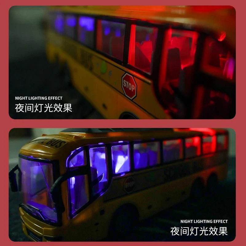 Sea Dragon Dreams 1:30 scale yellow school bus RC toy with glowing interior and exterior lights for night play