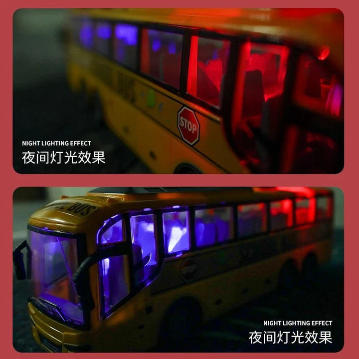 Sea Dragon Dreams 1:30 scale yellow school bus RC toy with glowing interior and exterior lights for night play