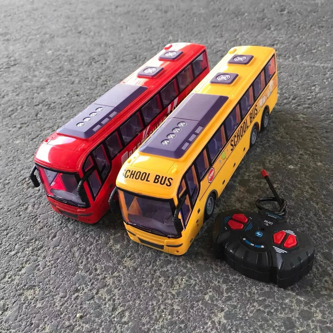 Sea Dragon Dreams 1:30 scale red and yellow remote-control buses with working lights and a black handheld controller.