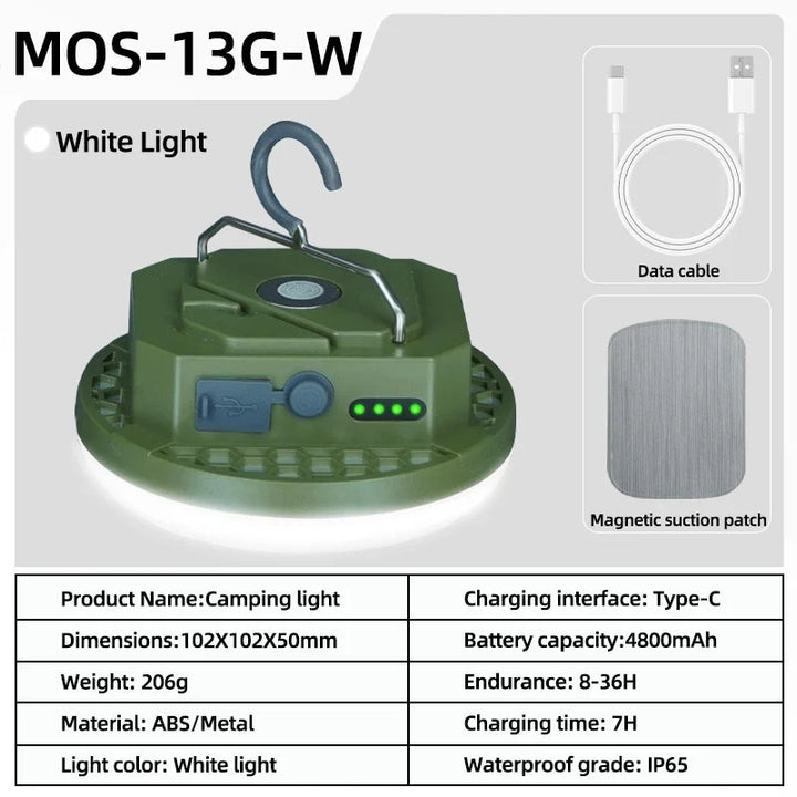 Sea Dragon Dreams MOSLIGHTING rechargeable green camping lantern with hanging hook, magnetic patch, and charging cable.