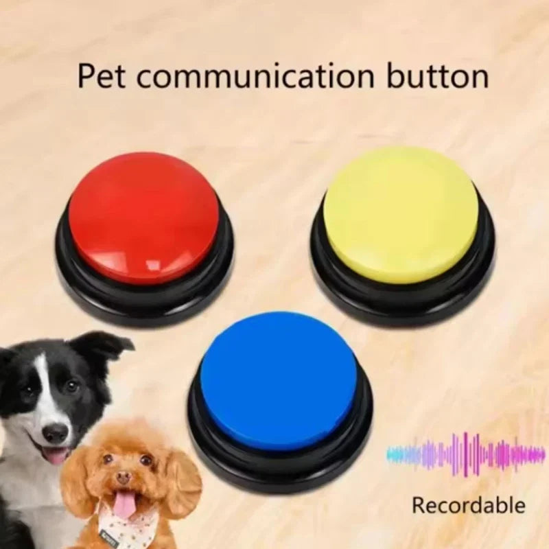 Sea Dragon Dreams recordable pet communication buttons in red, yellow, and blue for interactive dog training.