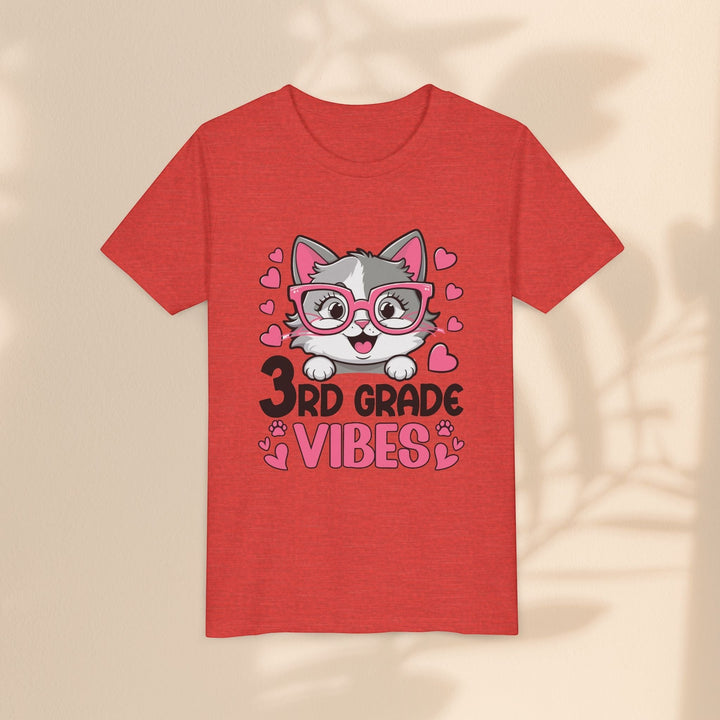 Sea Dragon Dreams red youth t-shirt featuring a cute kitten in pink glasses with 3rd Grade Vibes graphic and hearts