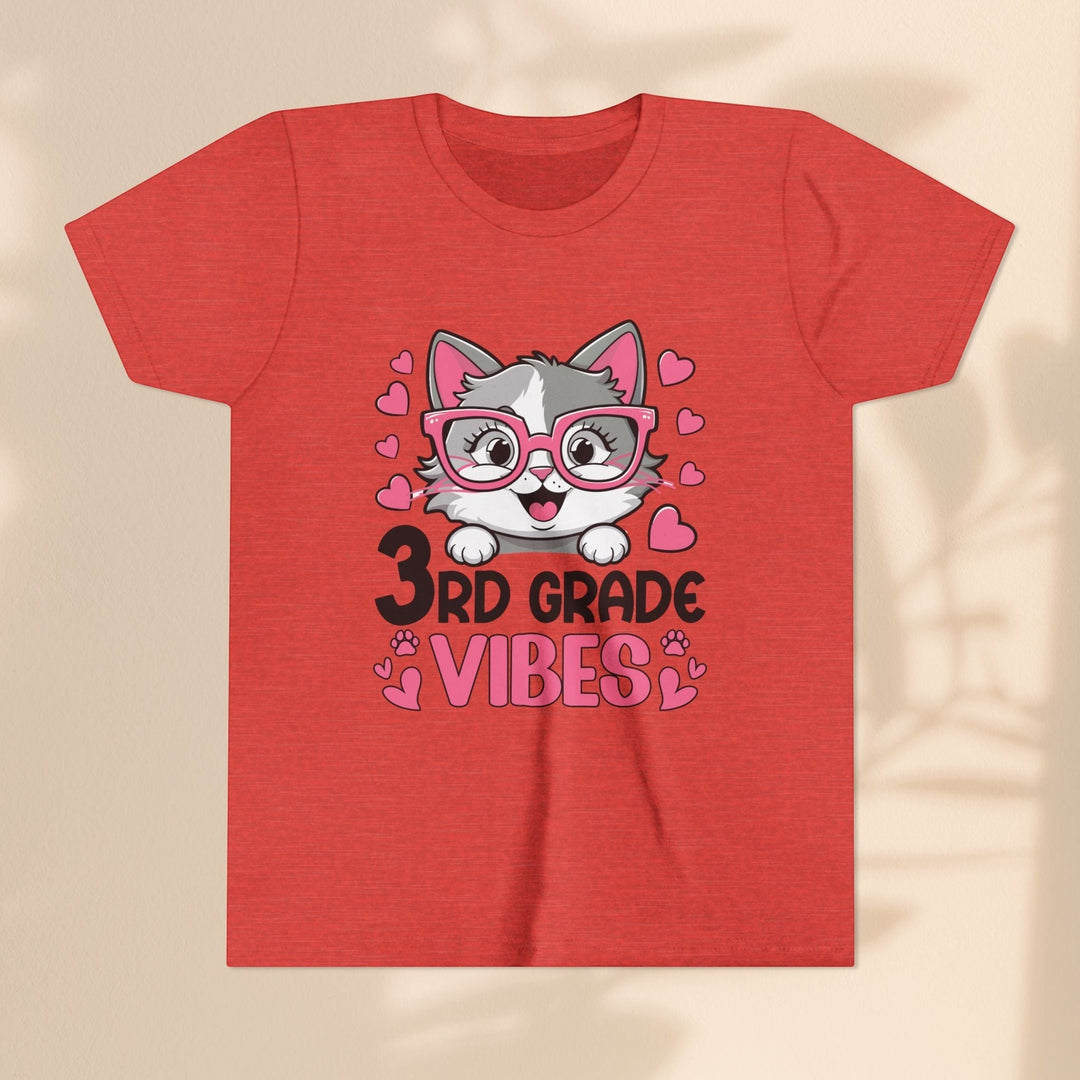 Sea Dragon Dreams red youth t-shirt featuring a cute cat wearing pink glasses and 3rd Grade Vibes graphic text.