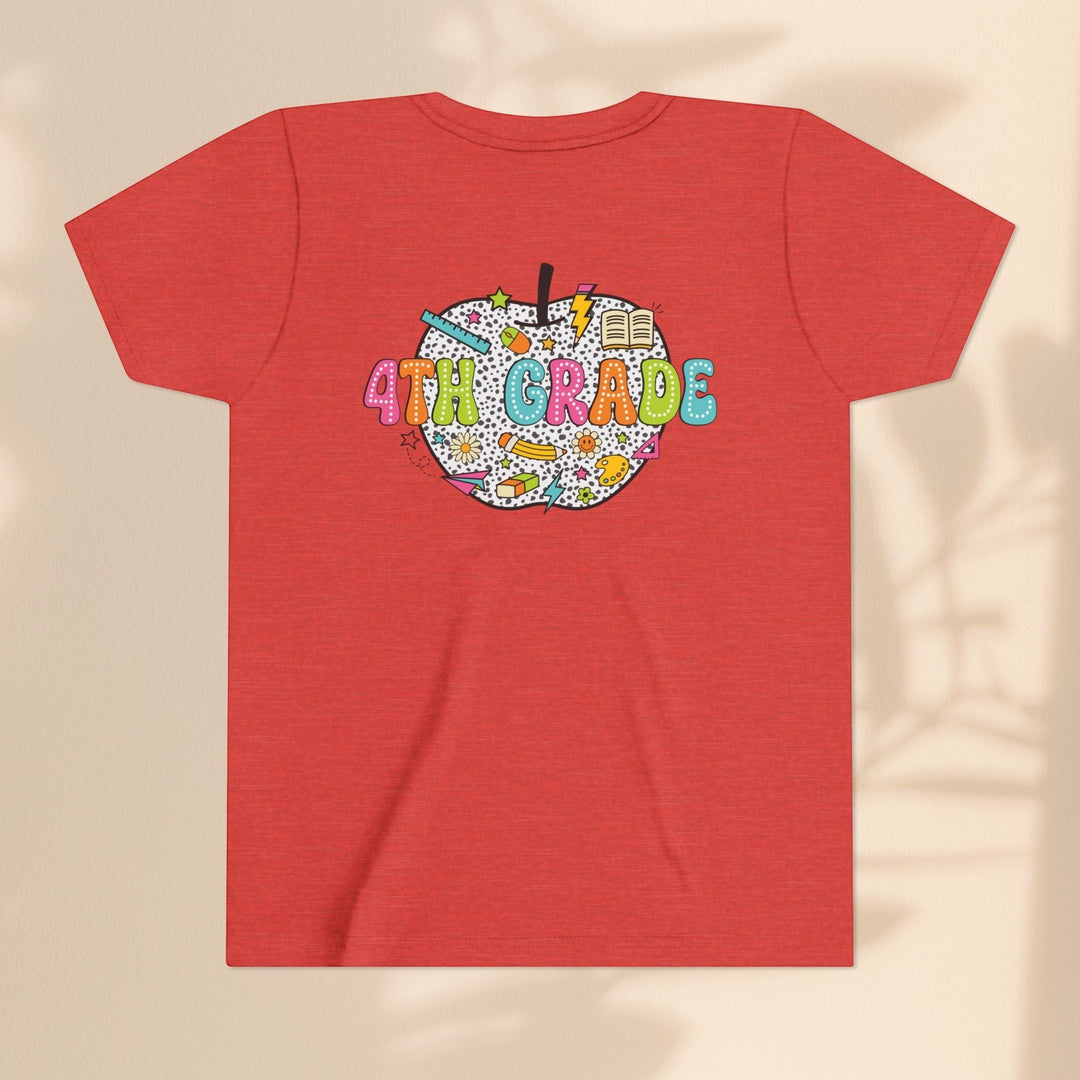 Sea Dragon Dreams red youth t-shirt with a 4th Grade apple graphic featuring school supplies on the back.