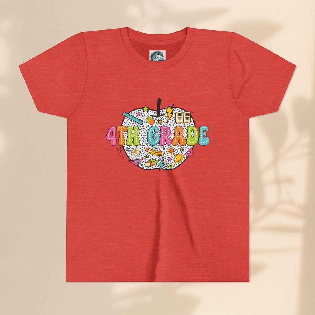 Sea Dragon Dreams red youth t-shirt with a 4th grade apple graphic featuring school supplies and colorful text.