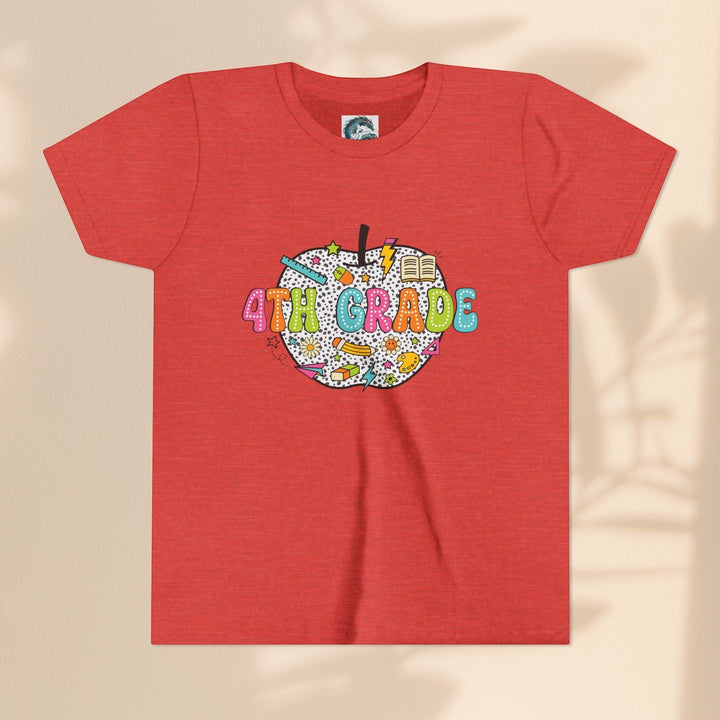 Sea Dragon Dreams red youth t-shirt with a 4th grade apple graphic featuring school supplies and colorful text.