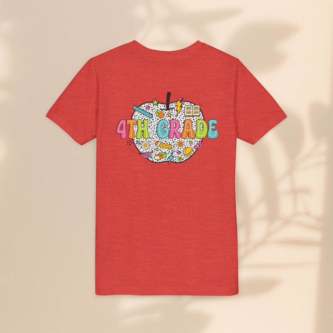 Sea Dragon Dreams red youth t-shirt with a 4th Grade apple graphic featuring school supplies on the back