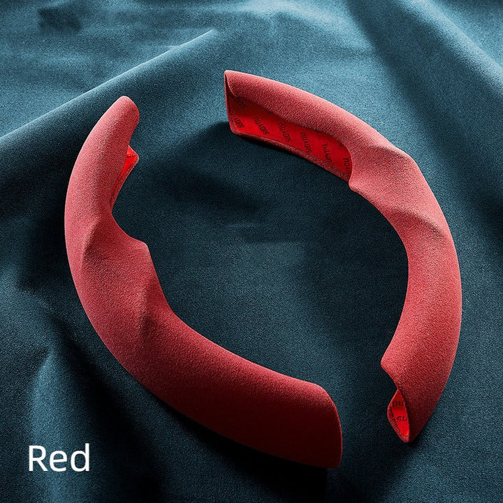 Sea Dragon Dreams red Alcantara steering wheel cover segments for Tesla Model 3 and Model Y with a soft suede texture.